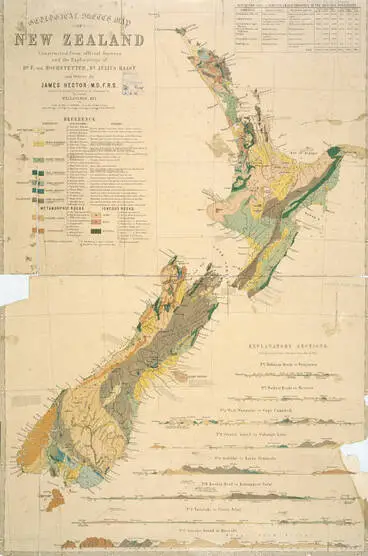 Image: Geological sketch map of New Zealand; constructed from official surveys and the explorations of Dr. F. von Hochstetter, Dr. Julius Haast and others