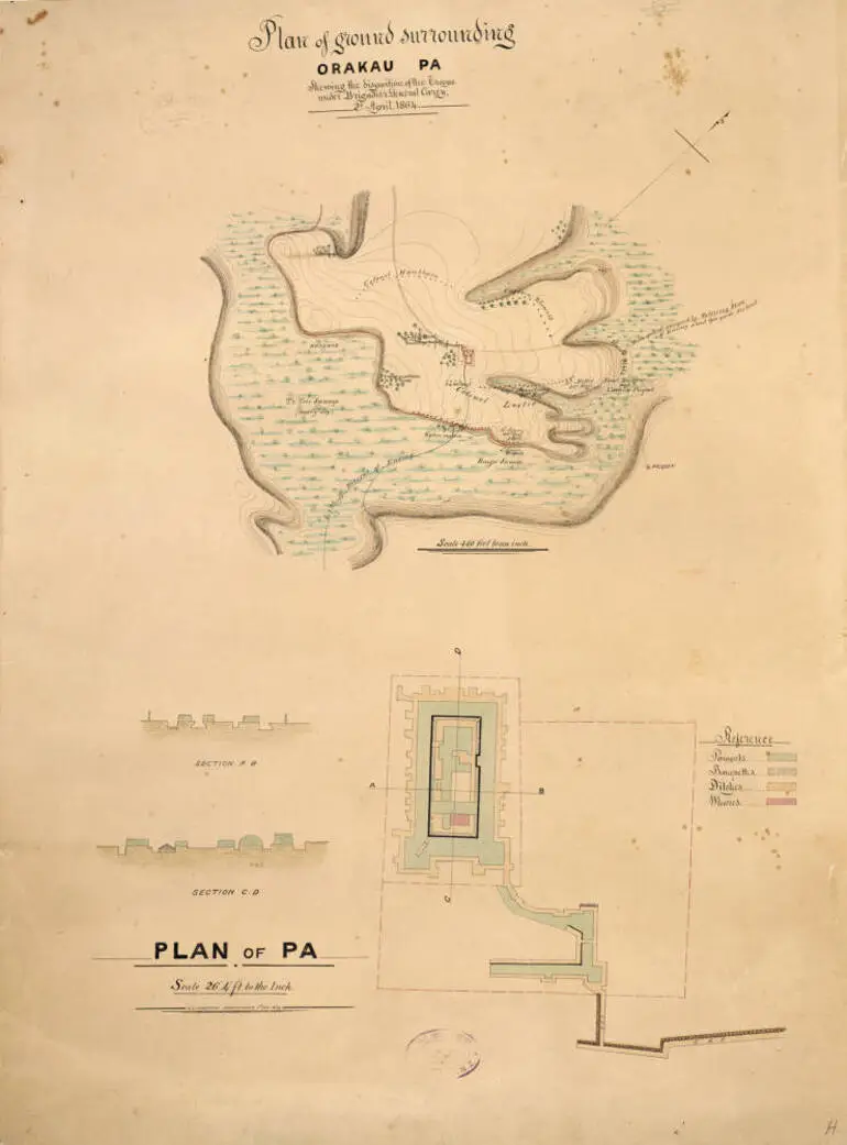 Image: Plan of ground surrounding Orakau Pa, shewing the disposition of the troops under Brigadier General Carey, 2nd April 1864 [and] Plan of Pa [by] Robert S. Anderson 8th July 1864