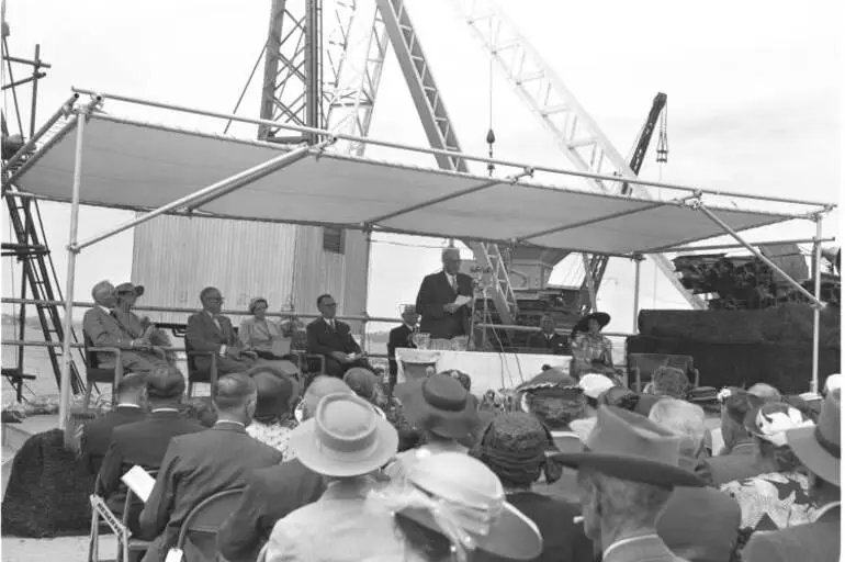 Image: Unveiling the foundation stone for the Auckland Harbour Bridge, Westhaven, 1956