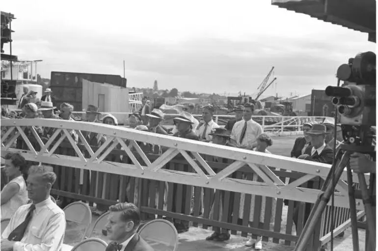 Image: Unveiling the foundation stone for the Auckland Harbour Bridge, Westhaven, 1956