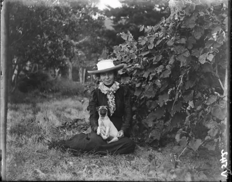 Image: Woman with a dog seated on the grass, 1910s