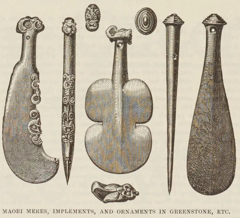 Image: Māori meres, implements, and ornaments in greenstone, etc.