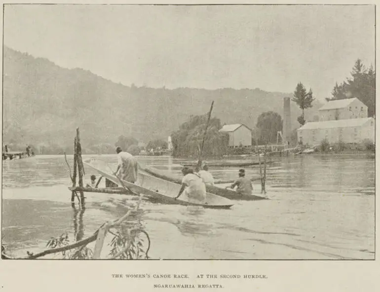 Image: The women's canoe race at the second hurdle Ngaruawahia Regatta