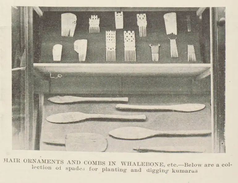Image: Hair ornaments and combs in whalebone, etc. - below are a collection of spades for planting and digging kumaras