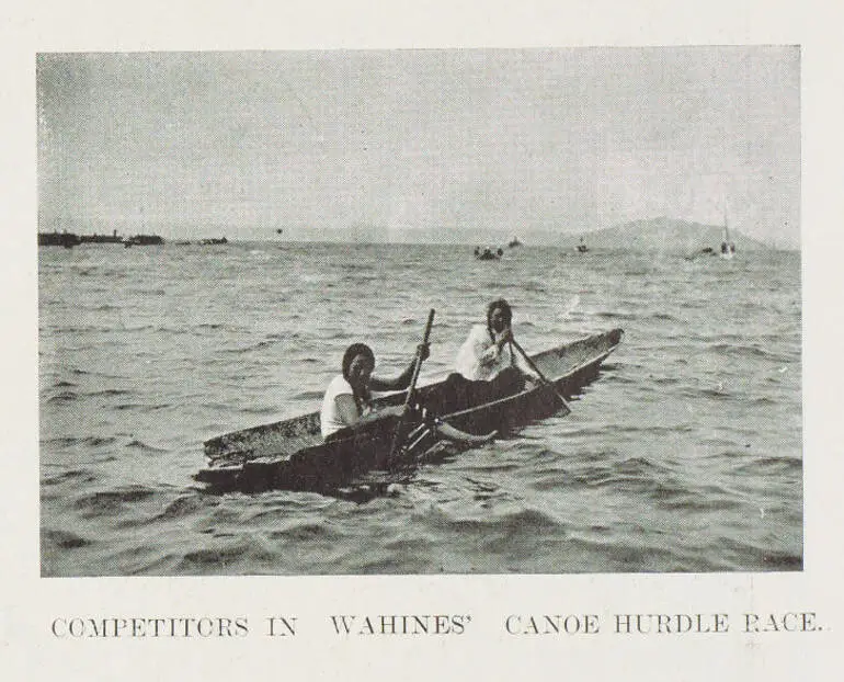 Image: Competitors in wahines' canoe hurdle race