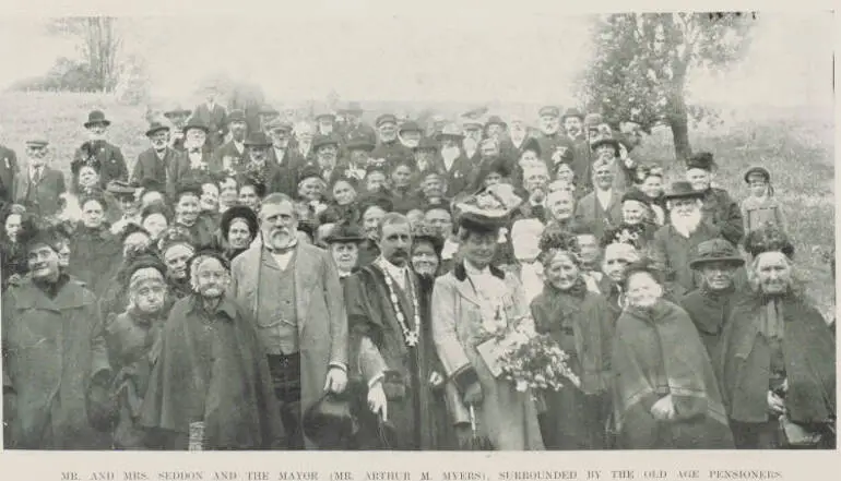 Image: Mr and Mrs Seddon and the Mayor (Mr Arthur M Myers), surrounded by the old age pensioners