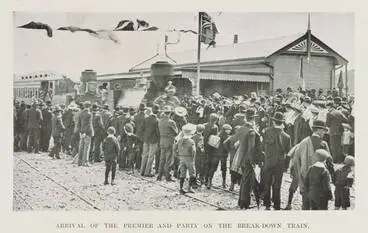 Arrival of the premier and party on the break-down train Image: Arrival of the premier and party on the break-down train