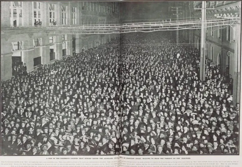 Image: A few of the enormous crowds that surged round the Auckland 'Star' office on election night, waiting to hear the verdict of the electors