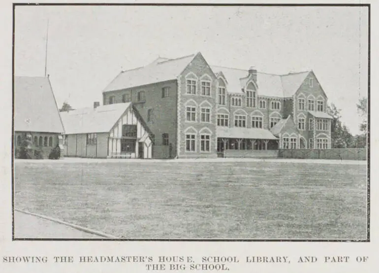 Image: Showing the headmaster's house, school library, and part of the big school