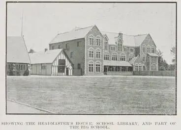 Showing the headmaster's house, school library, and part of the big school Image: Showing the headmaster's house, school library, and part of the big school