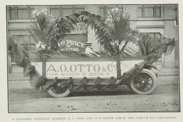 Image: A cleverly designed exhibit - A.O. Otto and Co's motor car in the Labour Day procession