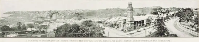 Image: A panorama of Parnell and the Domain, showing the Hospital and Mt Eden on the right, with St Andrew's church in the foreground