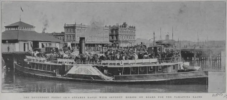 Image: The Devonport Ferry Company steamer 'Eagle' with seventy horses on board for the Takapuna races