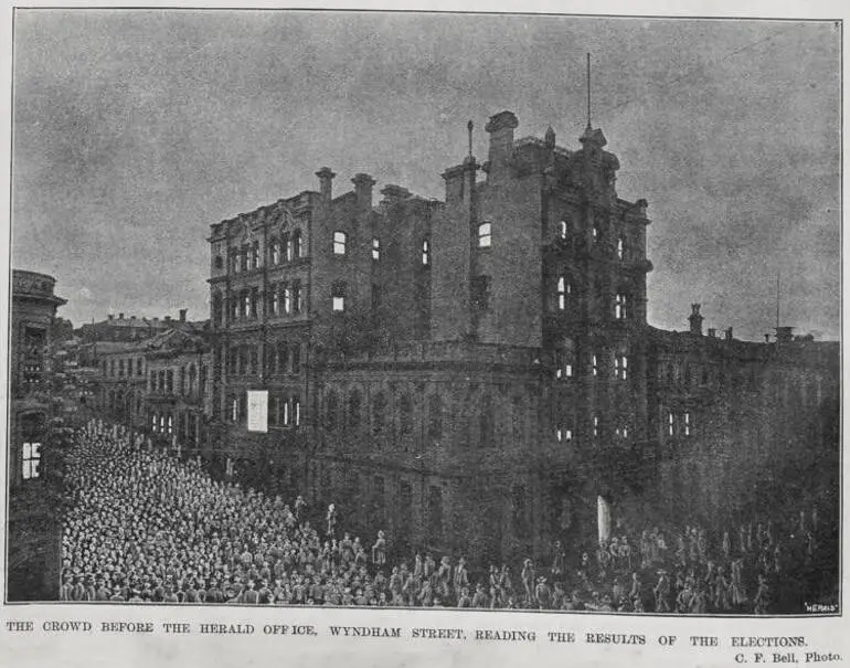 Image: The crowd before the Herald Office, Wyndham Street, reading the results of the elections