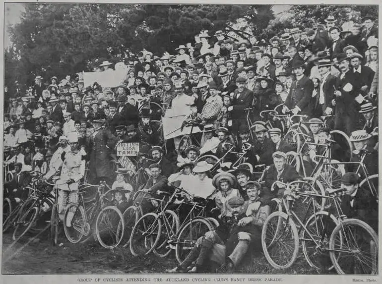 Image: Group of cyclists attending the Auckland cycling club's fancy dress parade