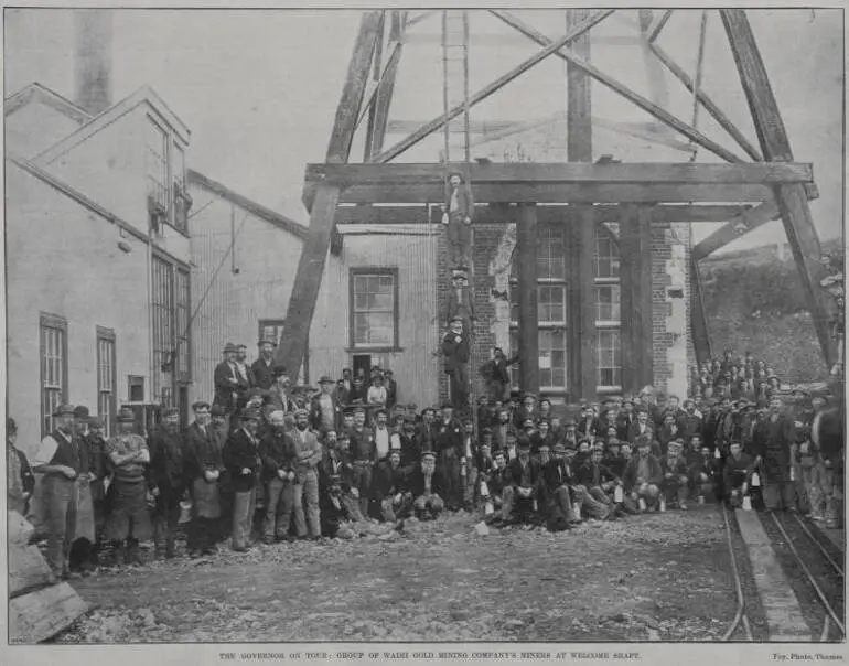 Image: The Governor on Tour: Group of Waihi Gold Mining Company's miners at Welcome Shaft