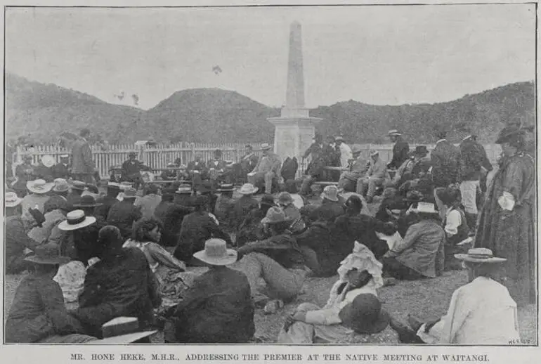 Image: Mr. Hone Heke M.H.R., addressing the Premier at the native meeting at Waitangi