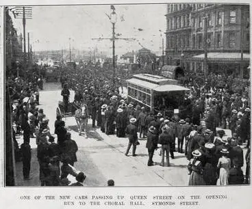 Image: One of the new tram cars passing up Queen Street, Auckland on the opening run to the Choral Hall, Symonds Street