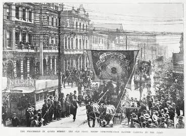 Image: The procession in Queen Street, Auckland on Labour Day, 1902 with the old eight hours demonstration banner carried in the lead