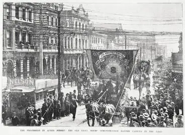 The procession in Queen Street, Auckland on Labour Day, 1902 with the old eight hours demonstration banner carried in the lead Image: The procession in Queen Street, Auckland on Labour Day, 1902 with the old eight hours demonstration banner carried in the lead