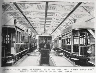 Image: Auckland Electric Tramways Company's sheds in Jervois Road, Ponsonby, showing some of the new cars fitted out