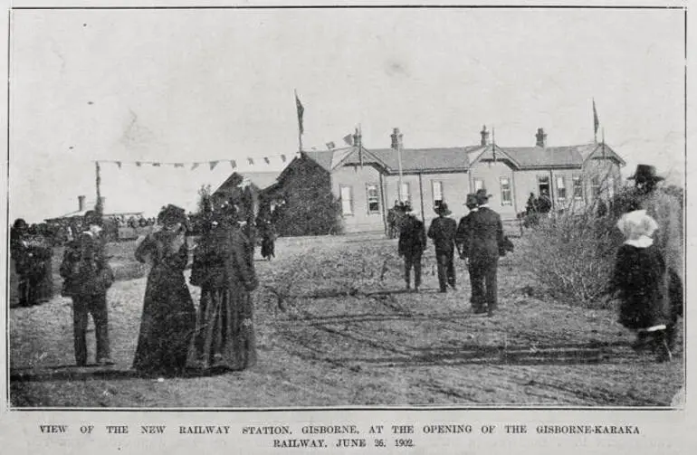 Image: View of the new railway station, Gisborne at the opening of the Gisborne-Karaka railway, 26 June 1902