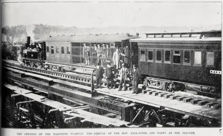 Image: The opening of the Makohine Viaduct and the arrival of the Honourable Hall-Jones and party at the viaduct