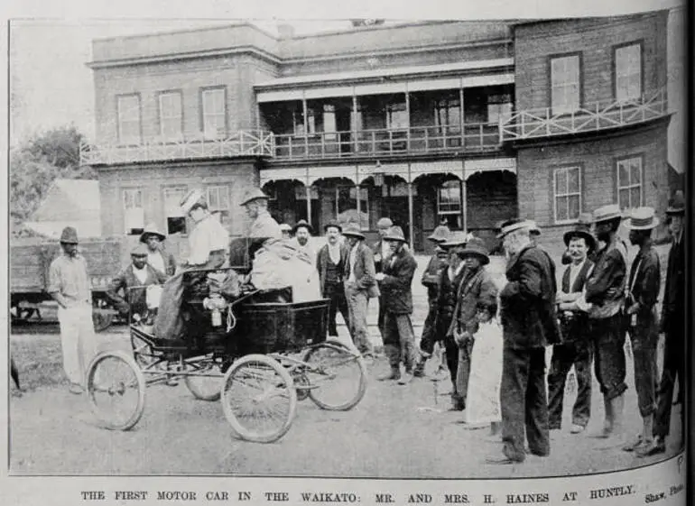 Image: The first motor car in the Waikato, belonging to Mr and Mrs H Haines of Huntly