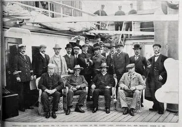 Image: Officials and visitors on board the C S Anglia at the landing of the Pacific Cable, Doubtless Bay, Northland, 24 March, 1902
