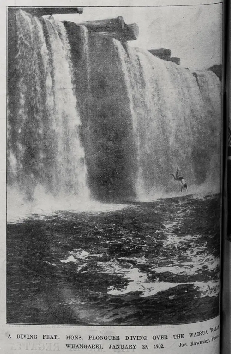 Image: A diving feat: Mons Plonguer diving over the Wairua Falls at Whangarei, 29 January 1902