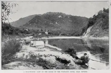Image: A road workmen's camp on the banks of the Wanganui River near Pipiriki