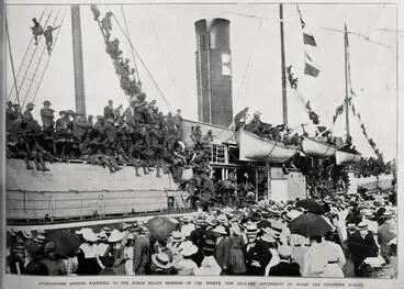 Image: Aucklanders bidding farewell to the North Island members of the 8th New Zealand Contingent on board the troopship 'Surrey'