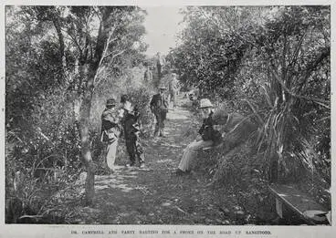 Image: Dr Campbell and party halting for a smoke on the road up Rangitoto