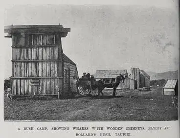 Image: A bush camp, showing whares with wooden chimneys, Bayley and Bollard's bush, Taupiri