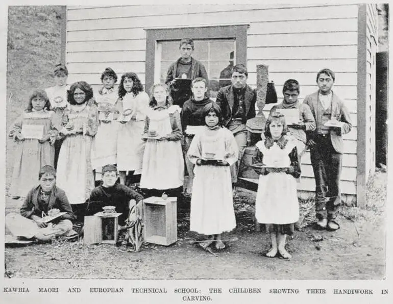 Image: Kawhia Maori and European Technical School: the children showing their handiwork in carving