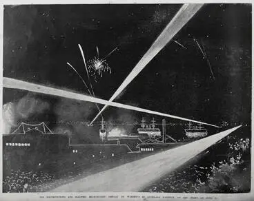 The illuminations and electric searchlight display by warships in Auckland Harbour, on the night of June 11 Image: The illuminations and electric searchlight display by warships in Auckland Harbour, on the night of June 11