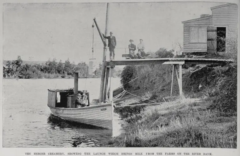 Image: The mercer creamery, showing the launch which brings milk from the farms on the river bank