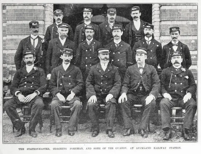 Image: The stationmaster, coaching foreman, and some of the guards, at Auckland Railway Station