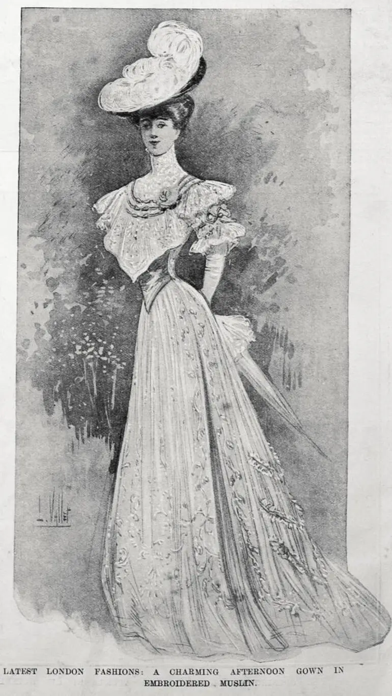 Image: LATEST LONDON FASHIONS: A CHARMING AFTERNOON GOWN IN EMBROIDERED MUSLIN
