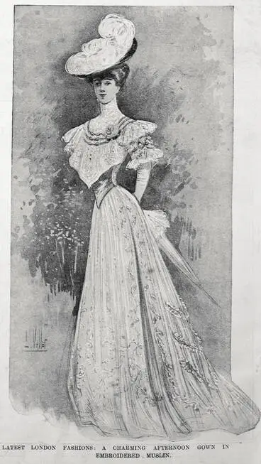 LATEST LONDON FASHIONS: A CHARMING AFTERNOON GOWN IN EMBROIDERED MUSLIN Image: LATEST LONDON FASHIONS: A CHARMING AFTERNOON GOWN IN EMBROIDERED MUSLIN