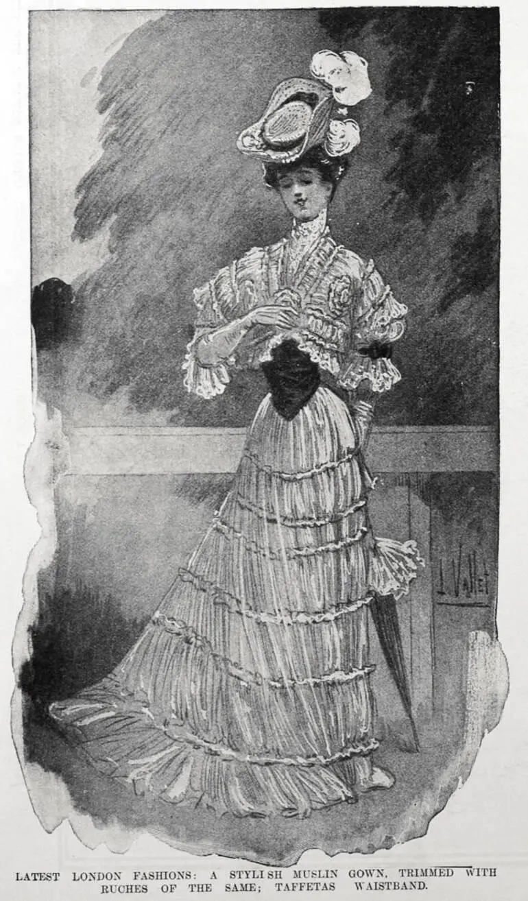 Image: LATEST LONDON FASHIONS: A STYLISH MUSLIN GOWN, TRIMMED WITH RUCHES OF THE SAME; TAFFETAS WAISTBAND