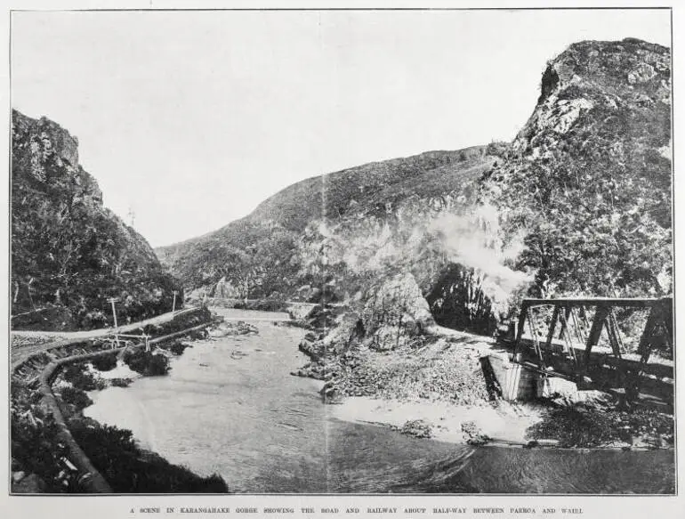 Image: A SCENE IN KARANGAHAKE GORGE SHOWING THE ROAD AND RAILWAY ABOUT HALF-WAY BETWEEN PAEROA AND WAIHI