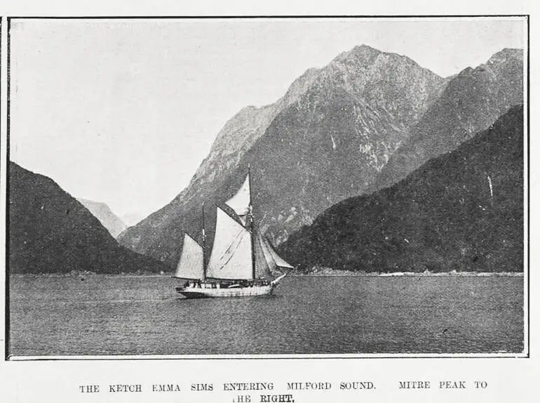 Image: THE KETCH EMMA SIMS ENTERING MILFORD SOUND. MITRE PEAK TO THE RIGHT