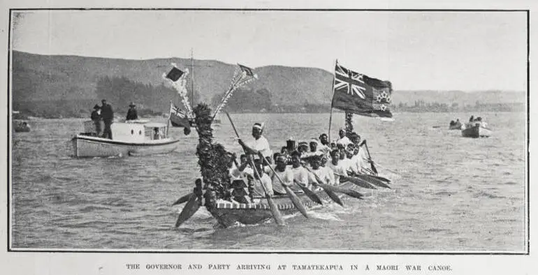 Image: THE GOVERNOR AND PARTY ARRIVING AT TAMATEKAPUA IN A MAORI WAR CANOE