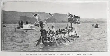 Image: THE GOVERNOR AND PARTY ARRIVING AT TAMATEKAPUA IN A MAORI WAR CANOE
