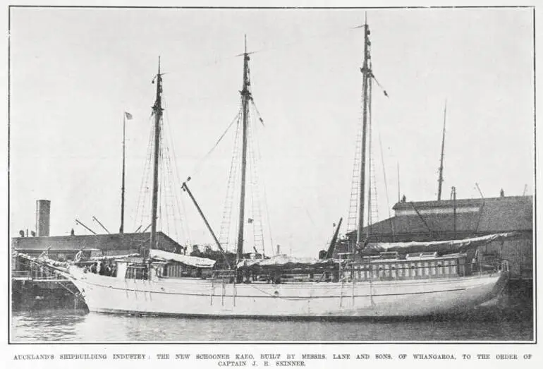 Image: AUCKLAND'S SHIPBUILDING INDUSTRY: THE NEW SCHOONER KAEO, BUILT BY MESSRS. LANE AND SONS, OF WHANGAROA, TO THE ORDER OF CAPTAIN J. H. SKINNER