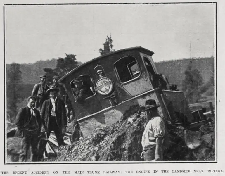 Image: THE RECENT ACIDENT ON THE MAIN TRUNK RAILWAY: THE ENGINE IN THE LANDSLIP NEAR PIRIAKA