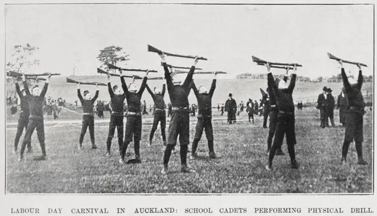 Image: LABOUR DAY CARNIVAL IN AUCKLAND: SCHOOL CADETS PERFORMING PHYSICAL DRILL