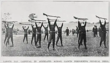 Image: LABOUR DAY CARNIVAL IN AUCKLAND: SCHOOL CADETS PERFORMING PHYSICAL DRILL