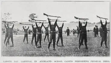 LABOUR DAY CARNIVAL IN AUCKLAND: SCHOOL CADETS PERFORMING PHYSICAL DRILL Image: LABOUR DAY CARNIVAL IN AUCKLAND: SCHOOL CADETS PERFORMING PHYSICAL DRILL